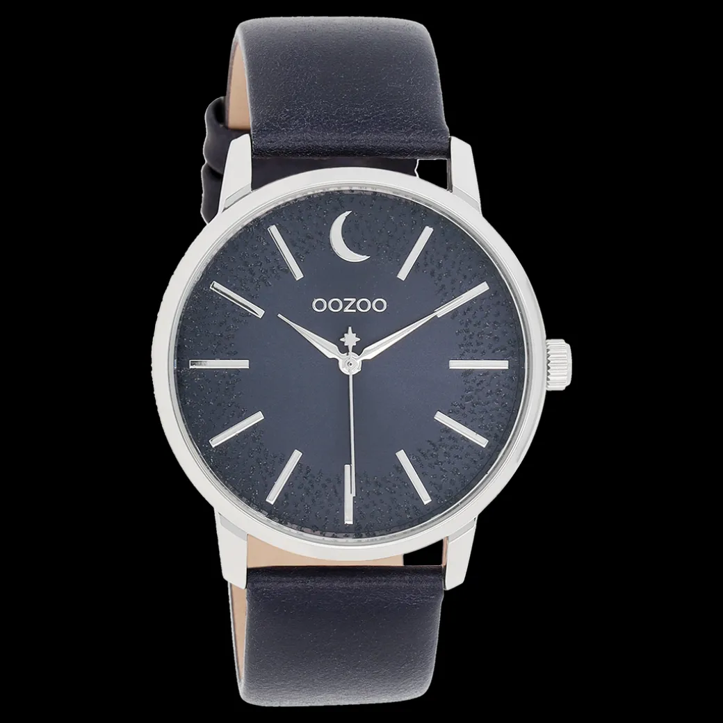 Zilverkleurige OOZOO horloge met donker blauwe leren band - C11043