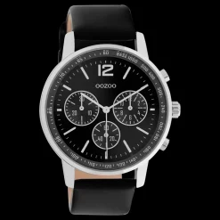 Zilverkleurige OOZOO horloge met zwarte leren band - C10813