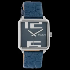 Zilverkleurige OOZOO horloge met donker blauwe leren band - C10366