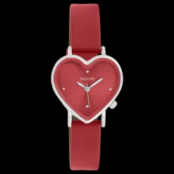 Zilverkleurige OOZOO horloge met rode leren band - C11448
