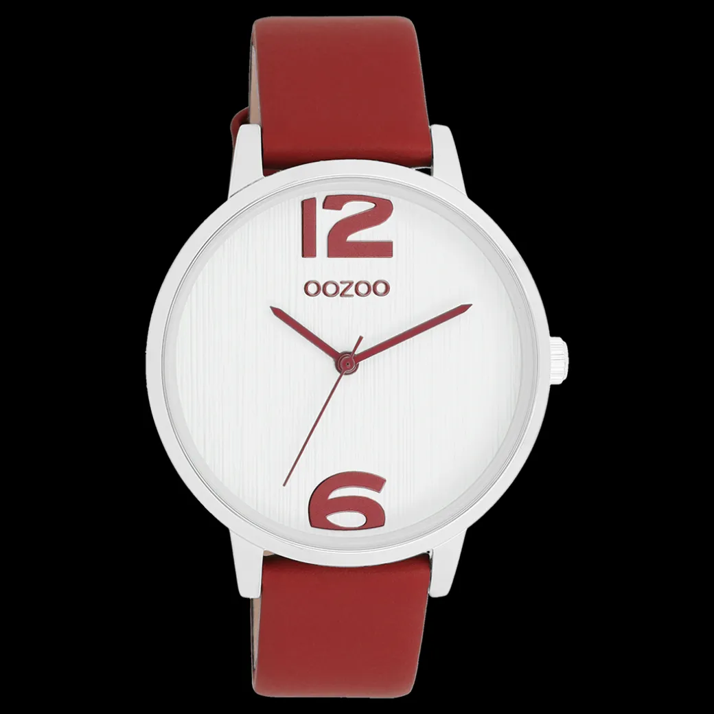 Zilverkleurige OOZOO horloge met dahlia rood leren band - C11237