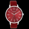 Zilverkleurige OOZOO horloge met dahlia rood leren band - C11299