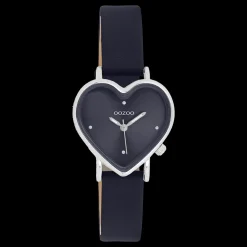 Zilverkleurige OOZOO horloge met donker blauwe leren band - C11449