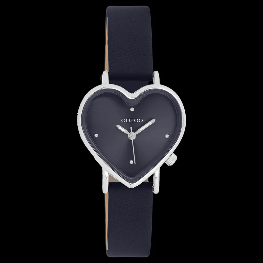 Zilverkleurige OOZOO horloge met donker blauwe leren band - C11449