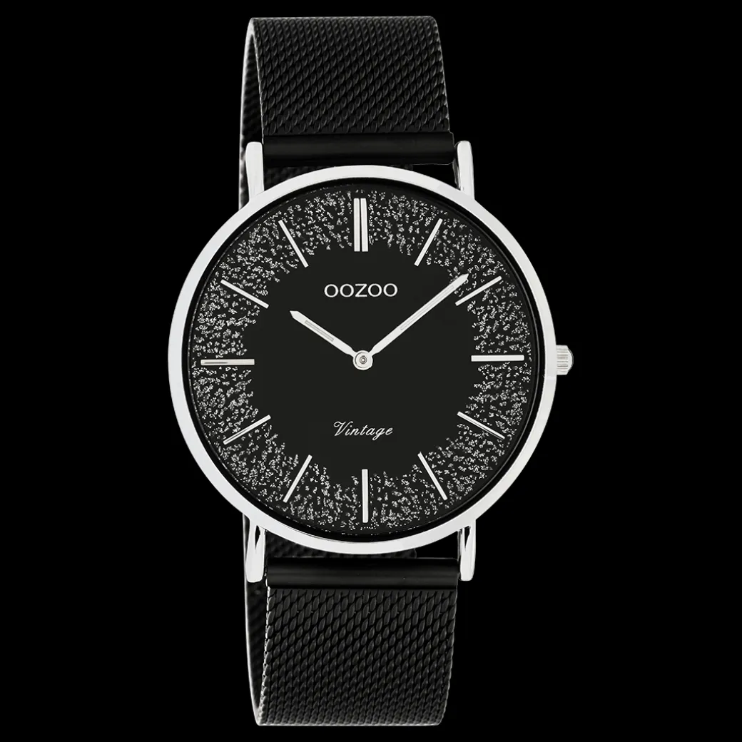 Zilverkleurige OOZOO horloge met zwarte metalen mesh armband - C20140