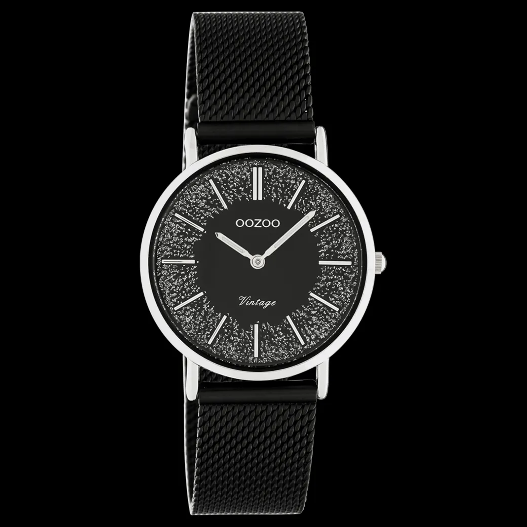 Zilverkleurige OOZOO horloge met zwarte metalen mesh armband - C20141