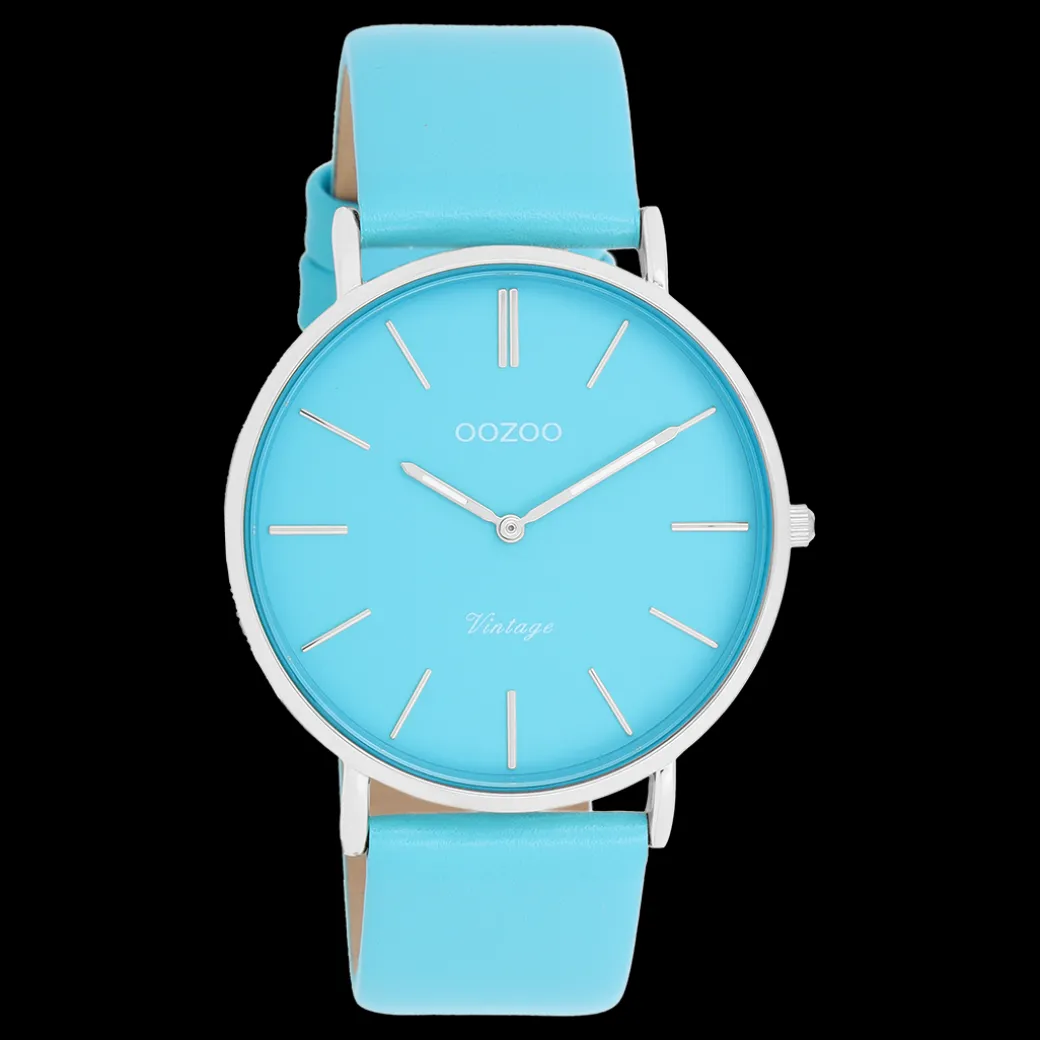 Zilverkleurige OOZOO horloge met felblauwe leren band - C20322