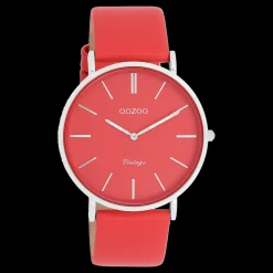 Zilverkleurige OOZOO horloge met chili peper rode leren band - C20324