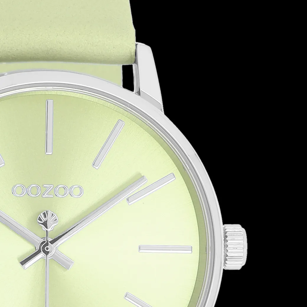 Zilverkleurige OOZOO horloge met licht groene leren band - C11370