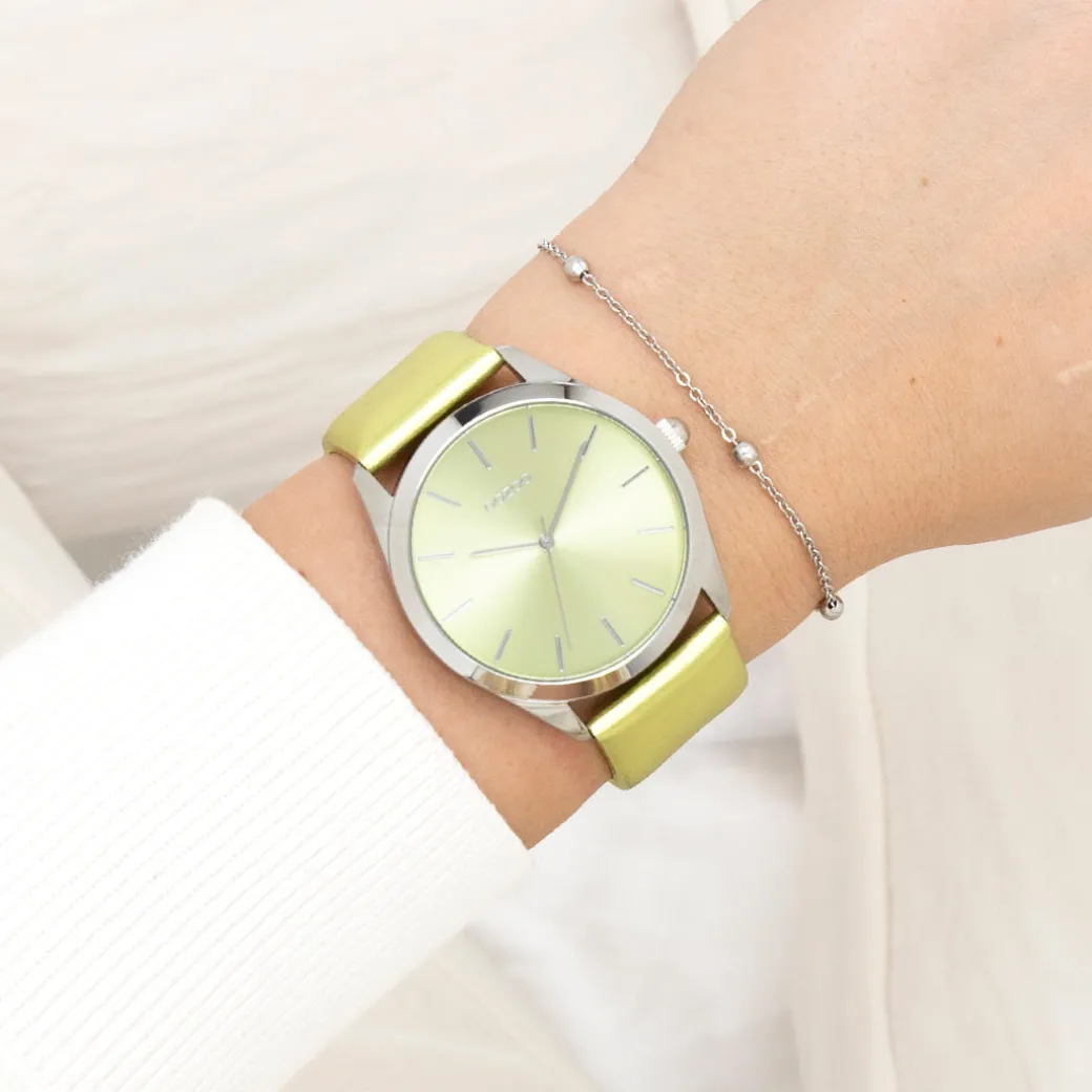 Zilverkleurige OOZOO horloge met limoen groene leren band - C11331