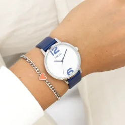 Zilverkleurige OOZOO horloge met donker blauwe leren band - C11238