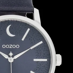 Zilverkleurige OOZOO horloge met donker blauwe leren band - C11043