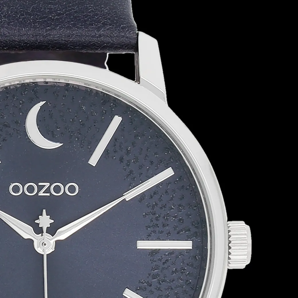 Zilverkleurige OOZOO horloge met donker blauwe leren band - C11043