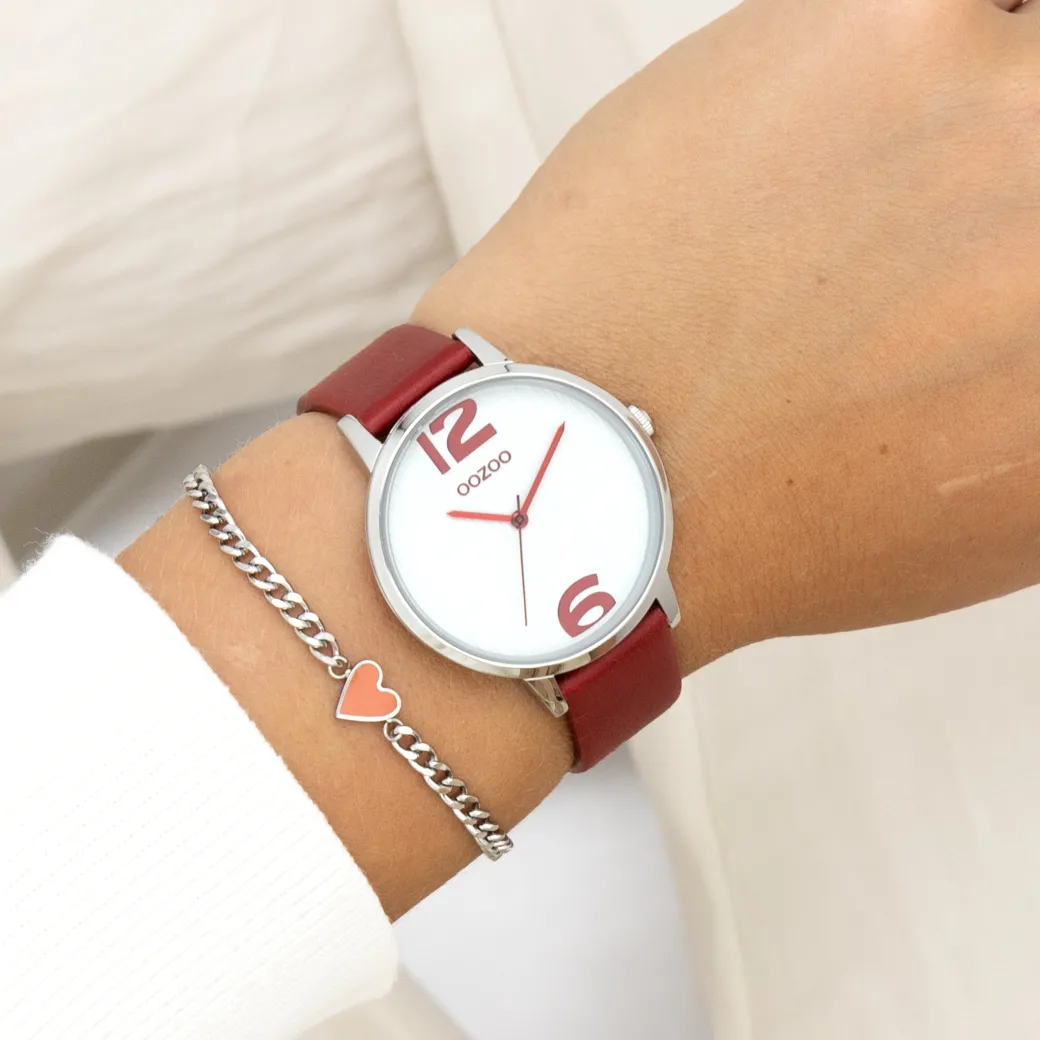 Zilverkleurige OOZOO horloge met dahlia rood leren band - C11237