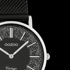 Zilverkleurige OOZOO horloge met zwarte metalen mesh armband - C20141