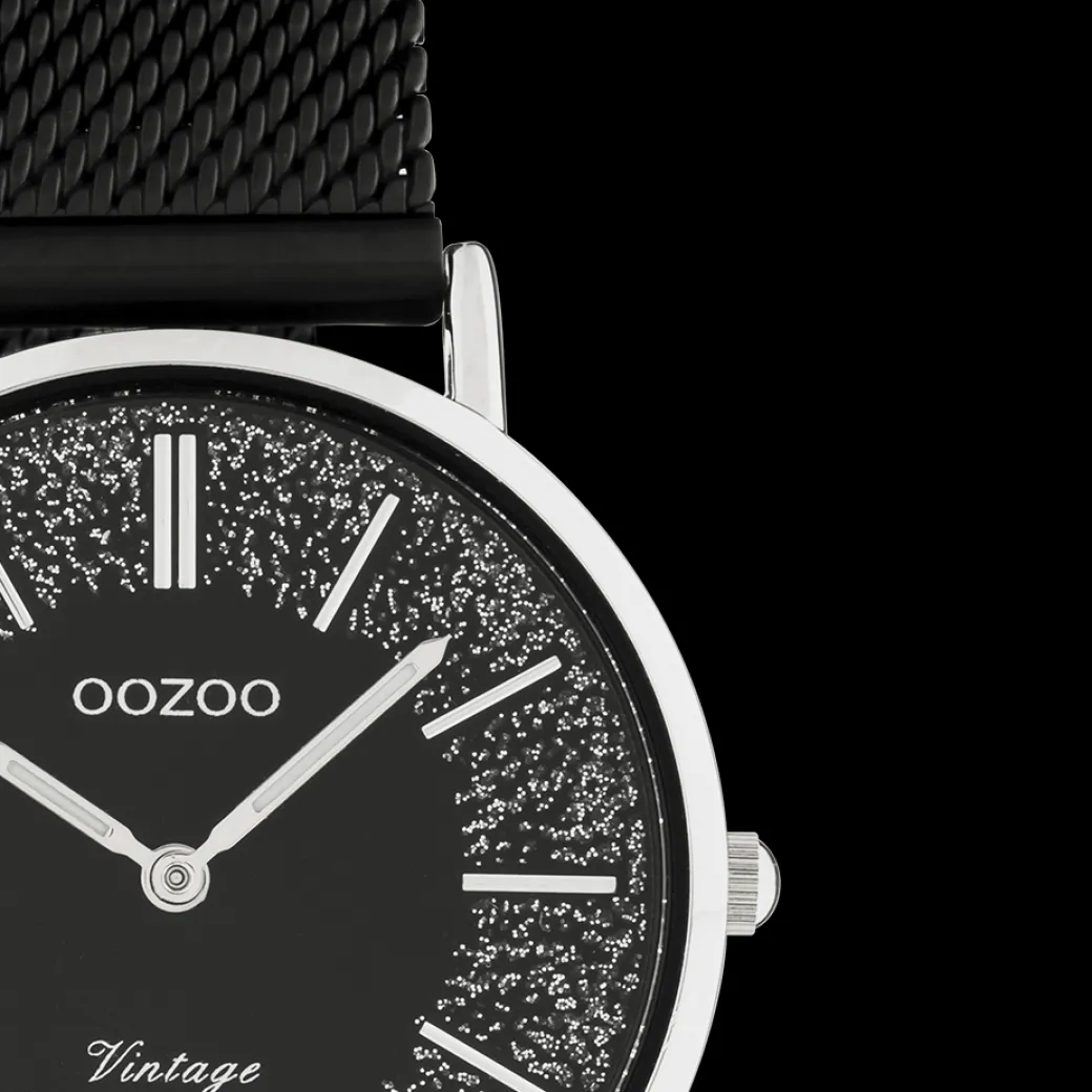 Zilverkleurige OOZOO horloge met zwarte metalen mesh armband - C20141