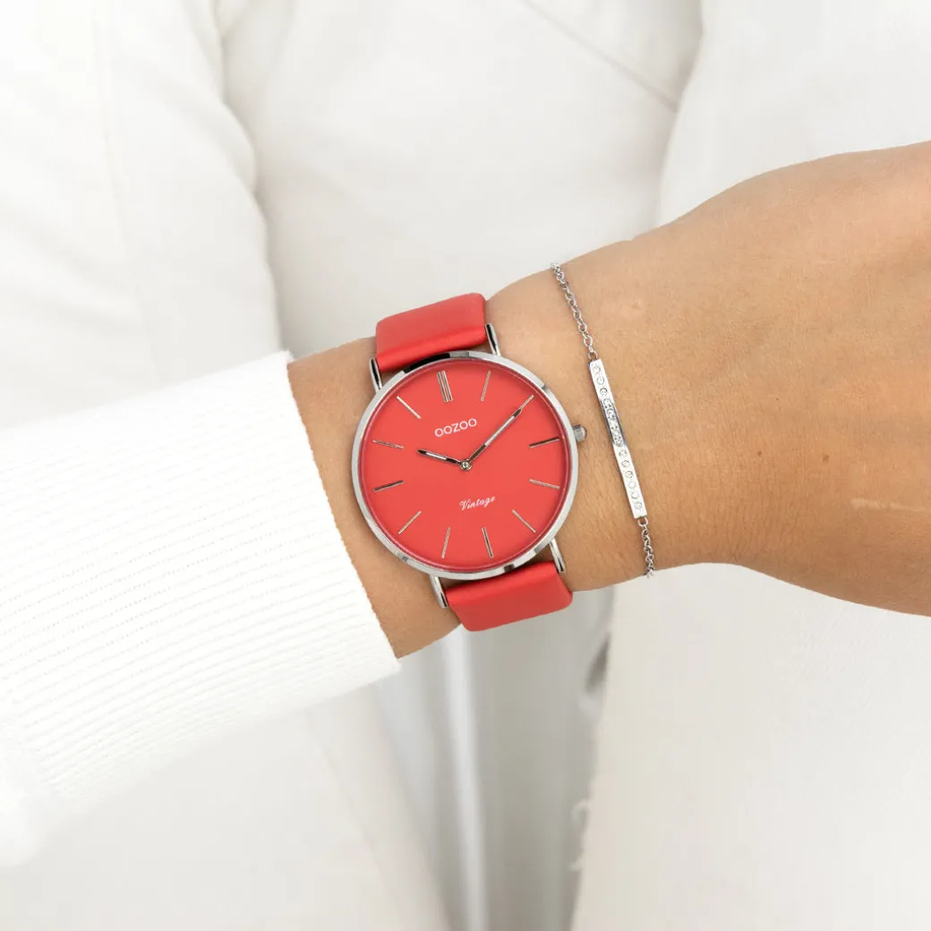 Zilverkleurige OOZOO horloge met chili peper rode leren band - C20324