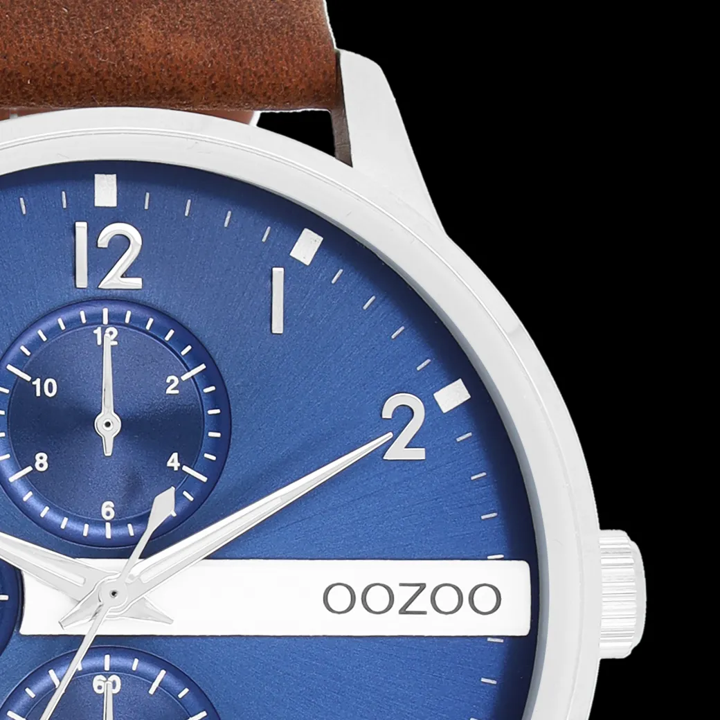 Zilverkleurige OOZOO horloge met cognac leren band - C11306