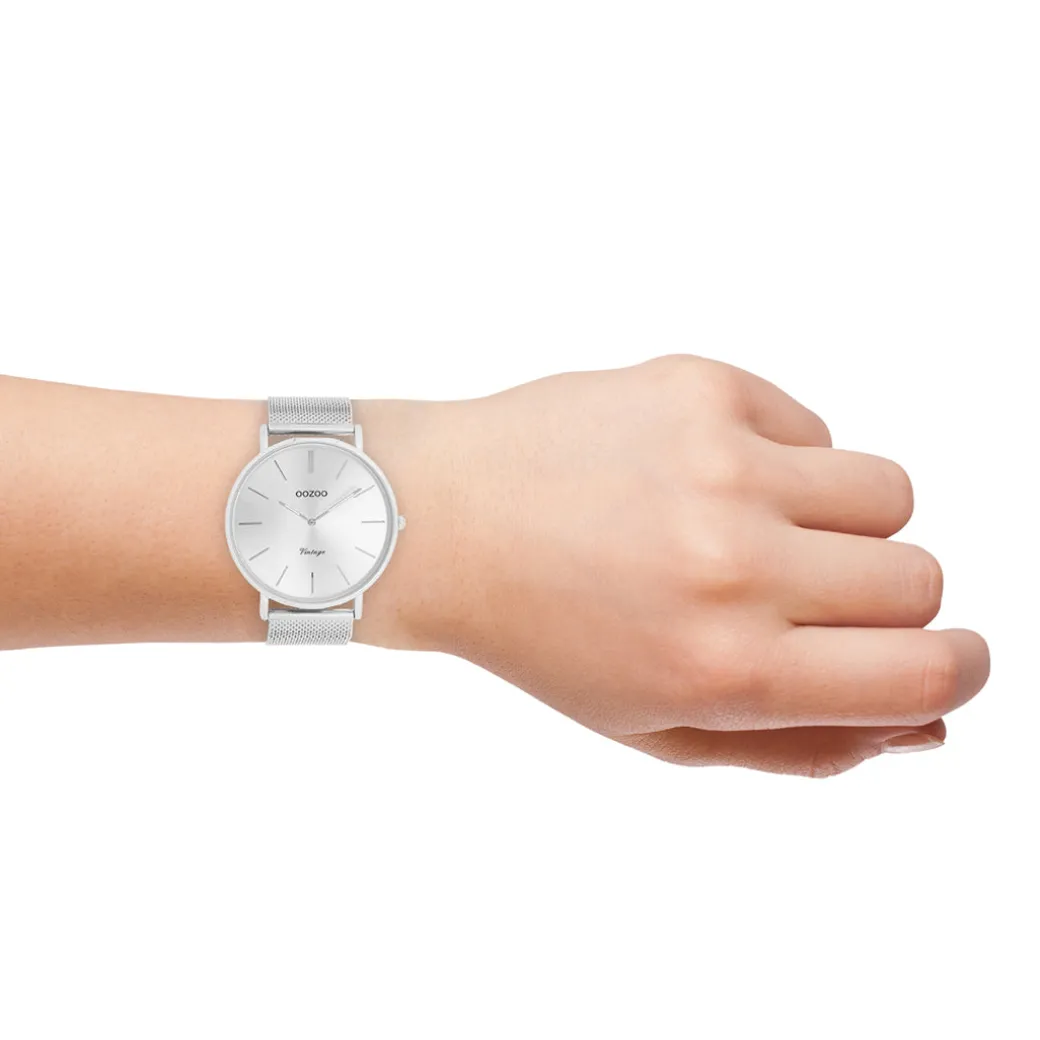 Zilverkleurige OOZOO horloge met metalen mesh armband - C9904