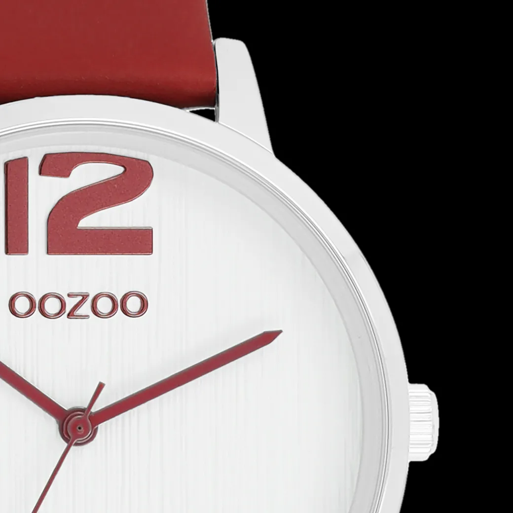 Zilverkleurige OOZOO horloge met dahlia rood leren band - C11237