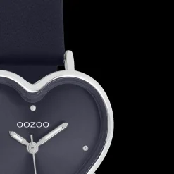 Zilverkleurige OOZOO horloge met donker blauwe leren band - C11449