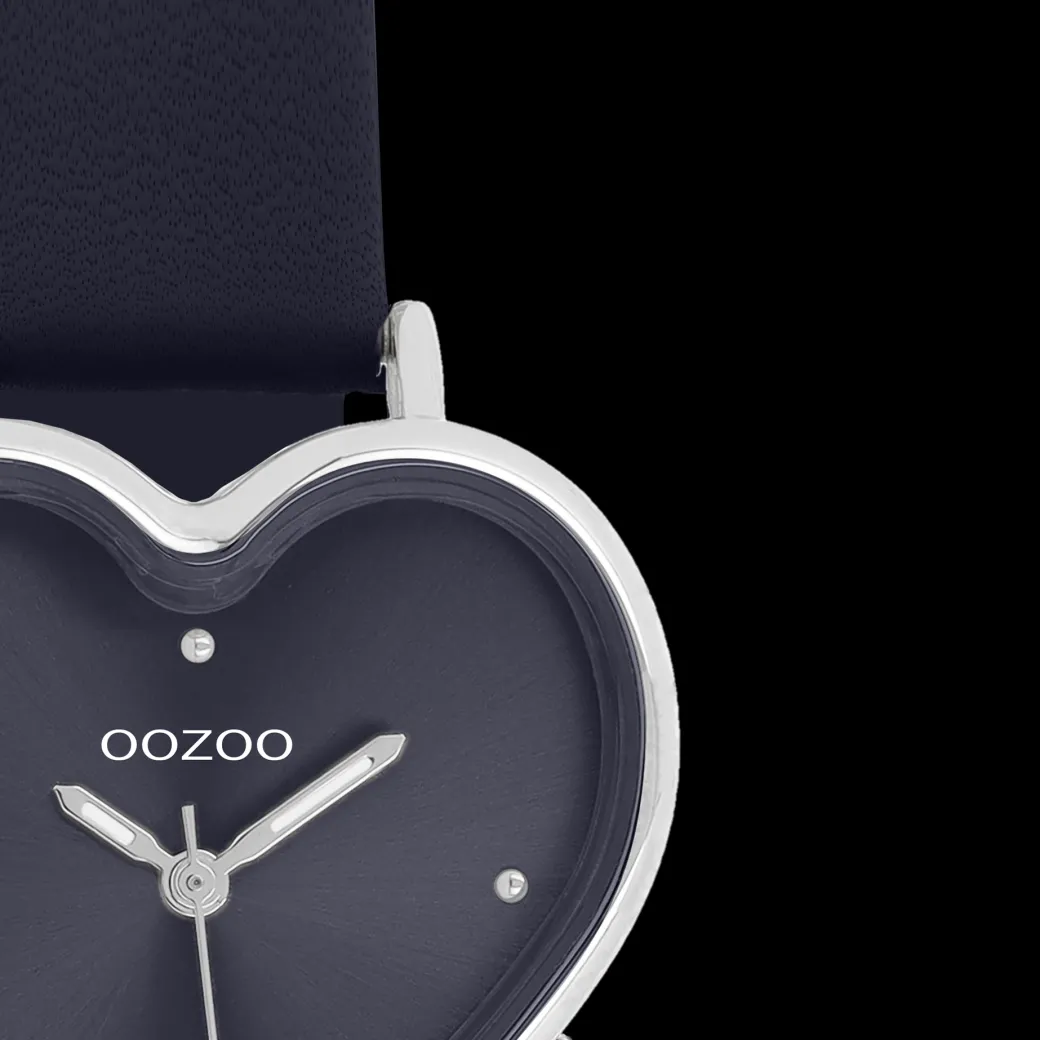 Zilverkleurige OOZOO horloge met donker blauwe leren band - C11449