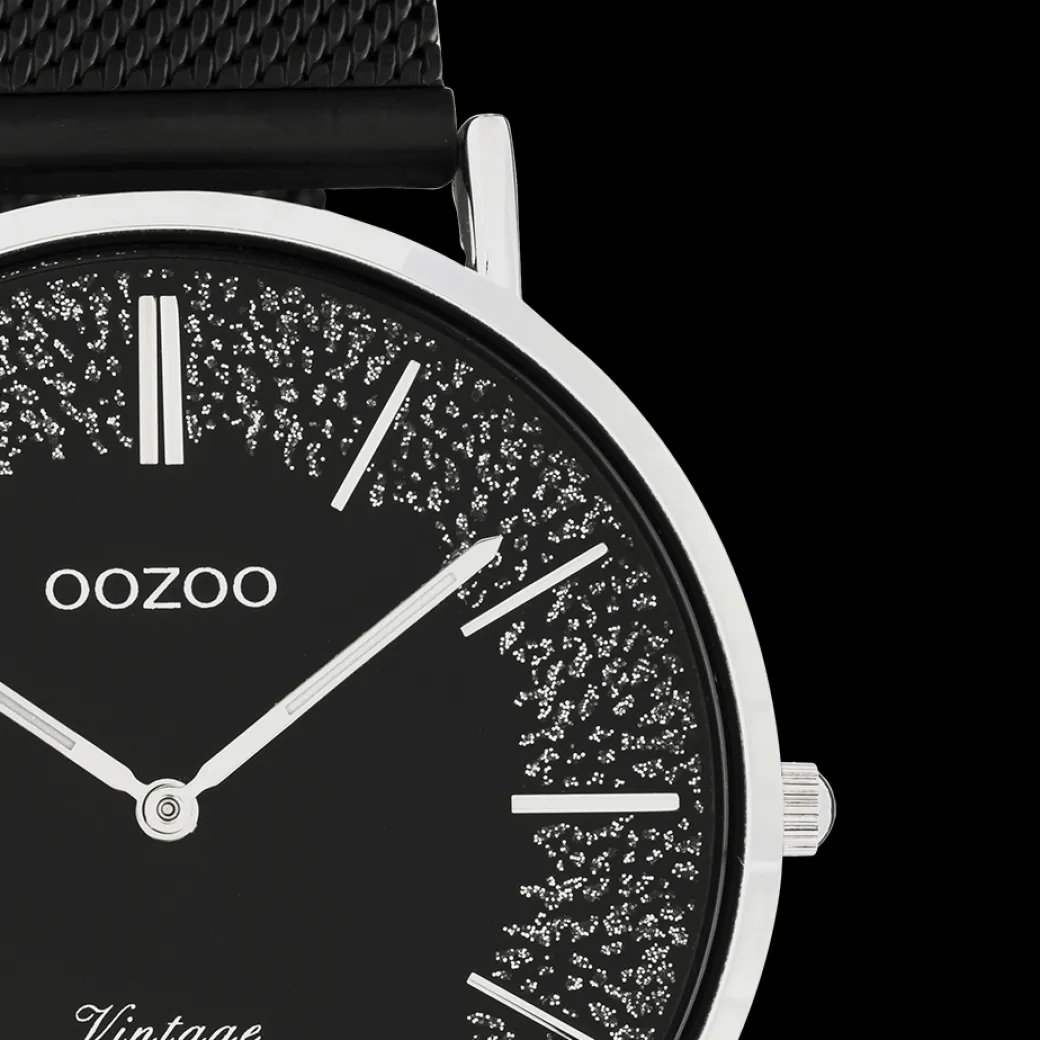Zilverkleurige OOZOO horloge met zwarte metalen mesh armband - C20140