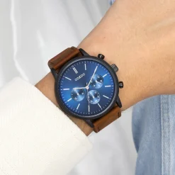 Zwarte OOZOO horloge met bruine leren band - C11202