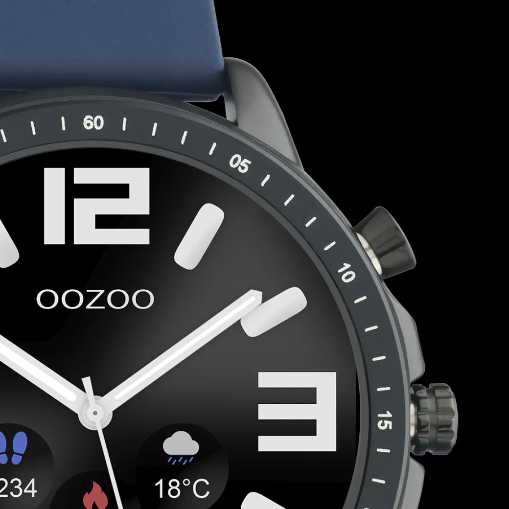 Zwarte OOZOO smartwatch met donker blauwe rubber band - Q00332